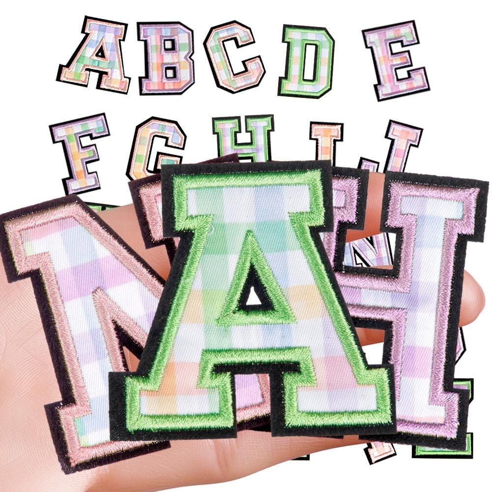 Letter Patch Iron On Patch Checkered Plaid Green Purple Pink 2.4"/6cm Sew On Patch Alphabet Capital Letter Embroidered A-Z Personalize DIY