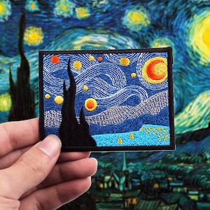 Starry Night Iron On Patch Sew Patch Vincent Van Gogh Painting Vintage Art Embroidered Emblem Badge for Backpack Hat Cap Jacket Coat T-Shirt