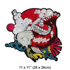 May include: Embroidered iron-on patch featuring a colourful koi fish swimming through stylised waves. The fish is red, white and black with a detailed scale pattern. The waves are white and blue with a red sun in the background. The patch measures 11 inches by 11 inches.