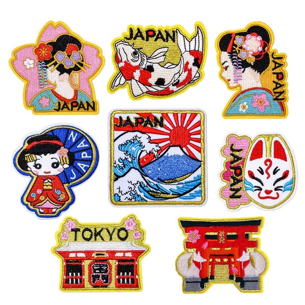 Japan Travel Sew Iron On Patch Kanagawa Geisha Kaminarimon Koi Carp Kitsune Fox Embroidered Emblem Badge for Backpack Hat Jacket Coat Shirt