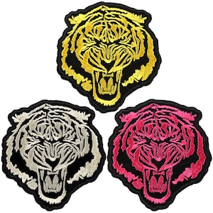 Large Tiger Roaring Head Iron On Patch Sew On Patch Embroidered Fierce Emblem Badge Yellow Pink Men Women Couples Clothing Decoration