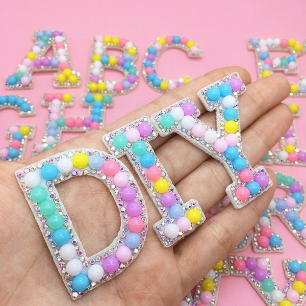 Macaron Candy Color Beaded Letter Iron On Patch Sew Alphabet A-Z Pearl Rhinestone Bling Sparkling Name Badge Motif Jacket T-Shirt Backpack