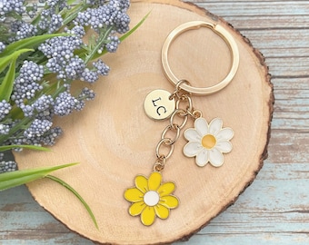 Personalized Initial Charm | Flower Enamel Keychain | Hand Stamped Keychain | Keychain with Charm | Backpack Charm | Flower Keychains
