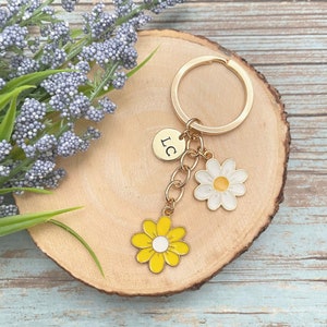 Personalized Initial Charm | Flower Enamel Keychain | Hand Stamped Keychain | Keychain with Charm | Backpack Charm | Flower Keychains