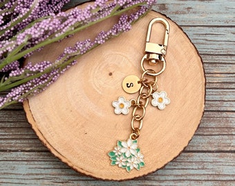 Hydrangea Mini Flower Enamel Keychain, Personalized Initial Charm Keychain, Hand Stamped Initials, Purse Backpack Keychain Gift Idea for Her