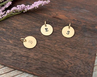 Personalized Hand-Stamped Initial Disc Charm, Gold-Plated Brass Initial Charm, Minimalistic Charm Style for Keychain, Necklace, Bracelet