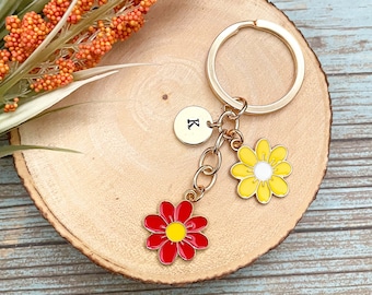 Personalized Initial Charm | Flower Enamel Keychain | Hand Stamped Keychain | Keychain with Charm | Backpack Charm | Flower Keychains