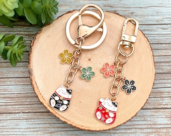 Lucky Cat Gold Keychain | Enamel Keychain | Sakura Keychain | Cute Keychain | Air pod Charm | Backpack Charm | Keychain Gift Idea