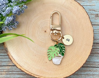 Personalized Monstera Keychain | Enamel Keychain Charm | Succulent Plant Keychain | Initial Keychain Charm, Backpack Keychain, Keychain Gift