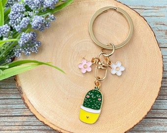 Cactus Enamel Keychain, Succulent Keychain Charm, Cute Backpack Purse Keychain Charm, Mini Flower Keychain, Keychain Gift for Her