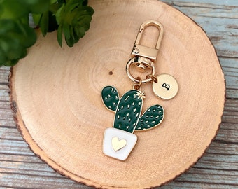 Personalized Initial Cactus Keychain, Succulent Cactus Enamel Keychain, Hand Stamped Initial Keychain, Purse Backpack Keychain Gift Idea