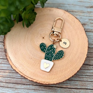 Personalized Initial Cactus Keychain, Succulent Cactus Enamel Keychain, Hand Stamped Initial Keychain, Purse Backpack Keychain Gift Idea