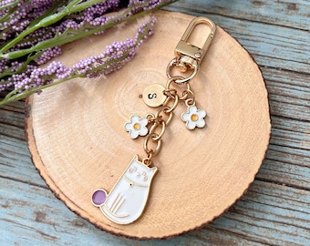 Personalized Initial Cat Keychain, Mini Flowers Enamel Keychain, Cute Backpack Purse Keychain, Flower Keychain, Keychain Gift for Her