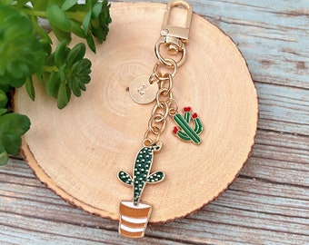 Succulent Cactus Enamel Keychain, Personalized Initial Charm Plant Keychain Hand Stamped Initial, Purse Backpack Accessories Gift Idea