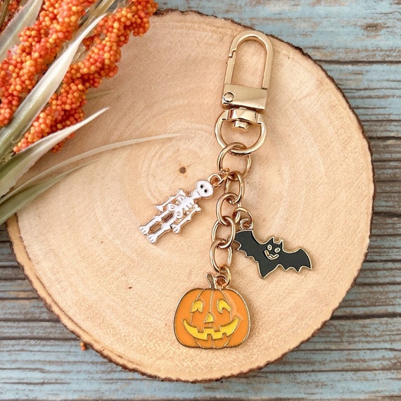 Pumpkin Bat Skeleton Enamel Keychain | Halloween Ghost Skeleton Keychain with Charm | Cute Halloween Keychain | Backpack Purse Keychain