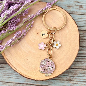 Hydrangea Mini Flower Enamel Keychain, Personalized Initial Charm Keychain, Hand Stamped Initials, Purse Backpack Keychain Gift Idea for Her