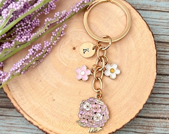 Hydrangea Mini Flower Enamel Keychain, Personalized Initial Charm Keychain, Hand Stamped Initials, Purse Backpack Keychain Gift Idea for Her