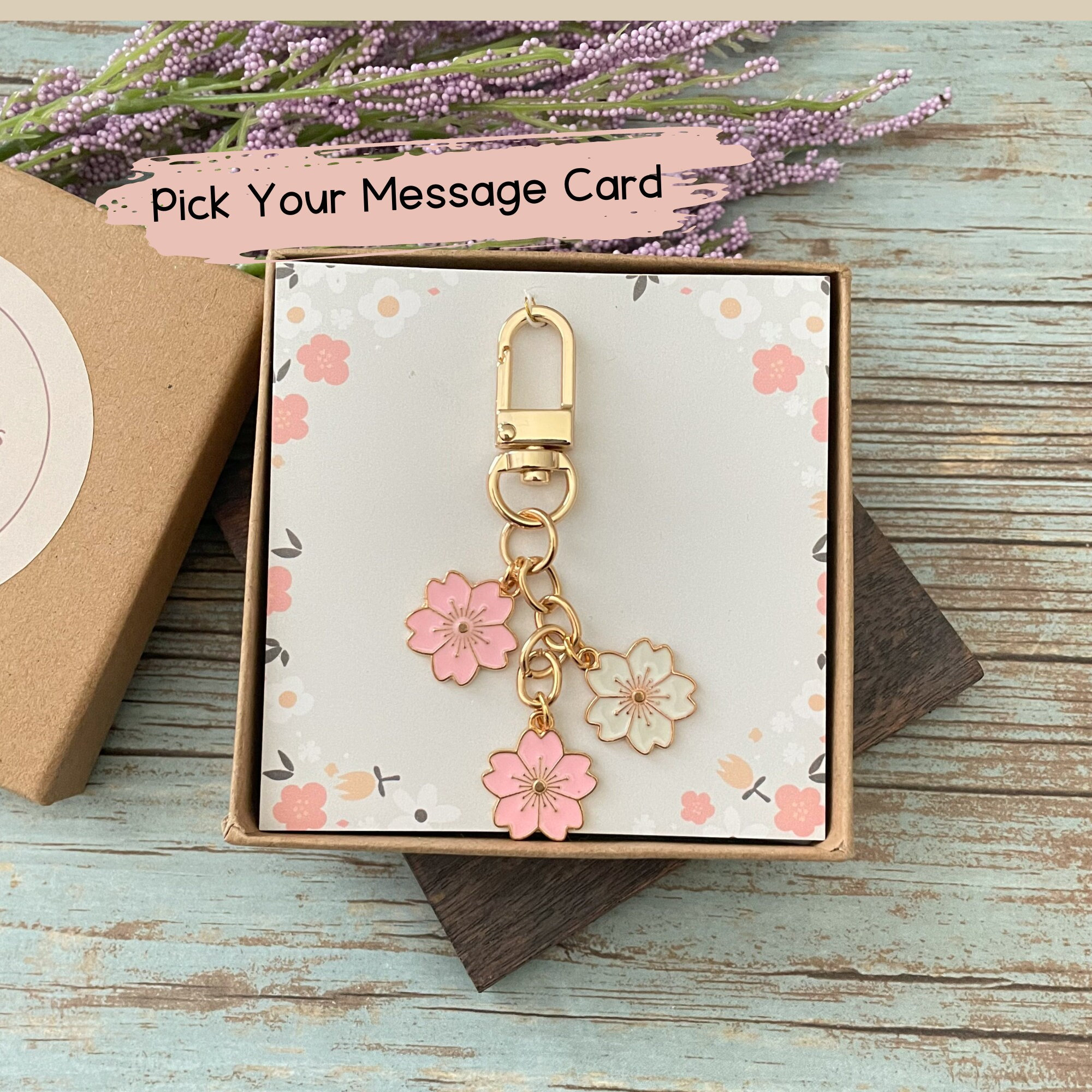 Personalized Message Card Keychain Gift, Sakura Cherry Blossom