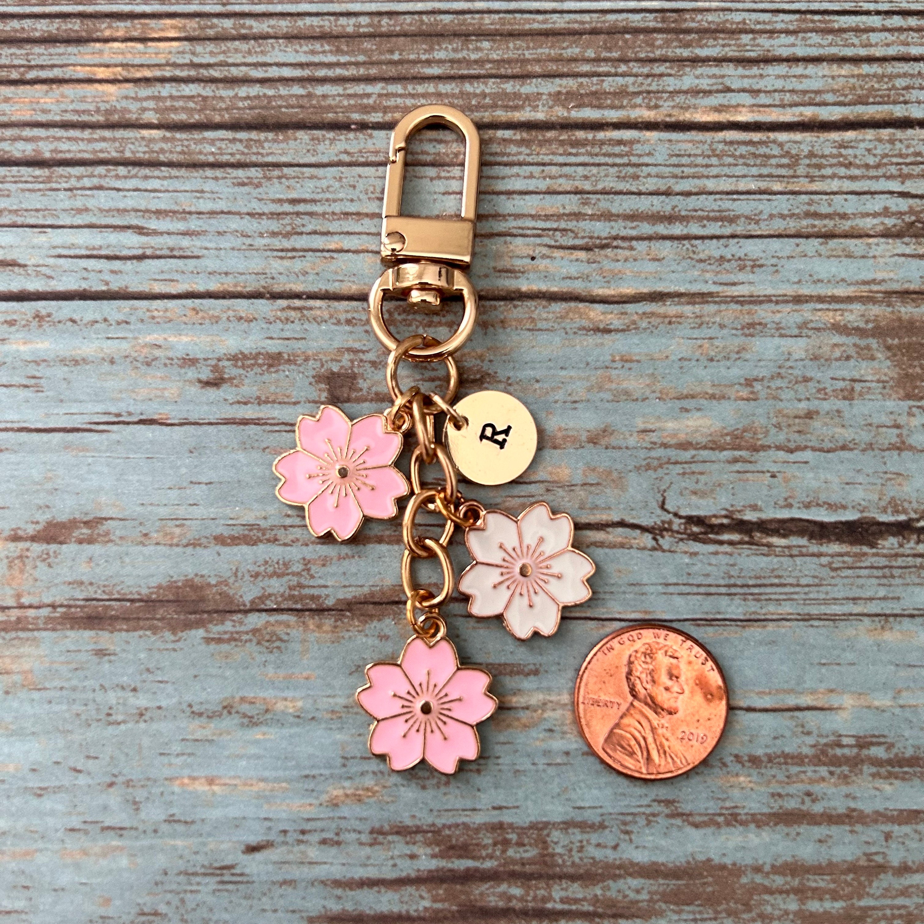 Cherry Blossom Keychain, Custom Initial Charm Sakura Flower