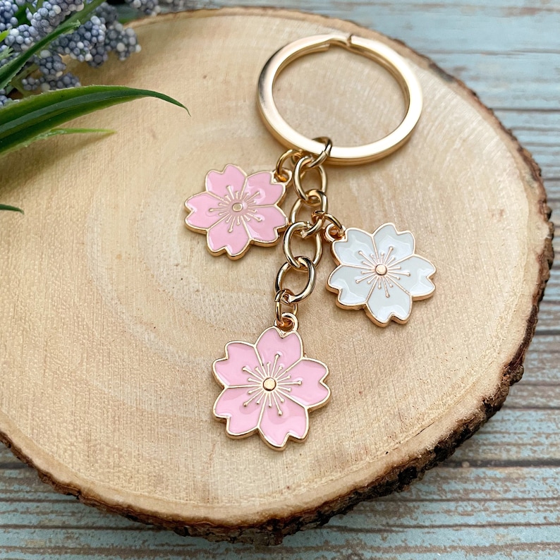 Sakura Cherry Blossom Keychain Charm Gold Keychain Charm Etsy