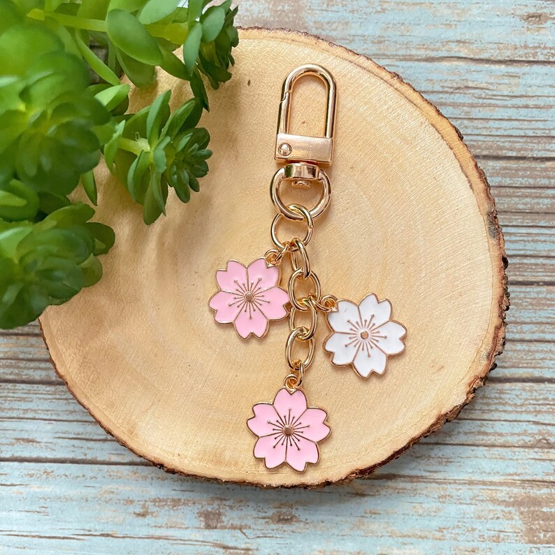 Sakura Cherry Blossom Keychain Charm Gold Keychain Charm Etsy
