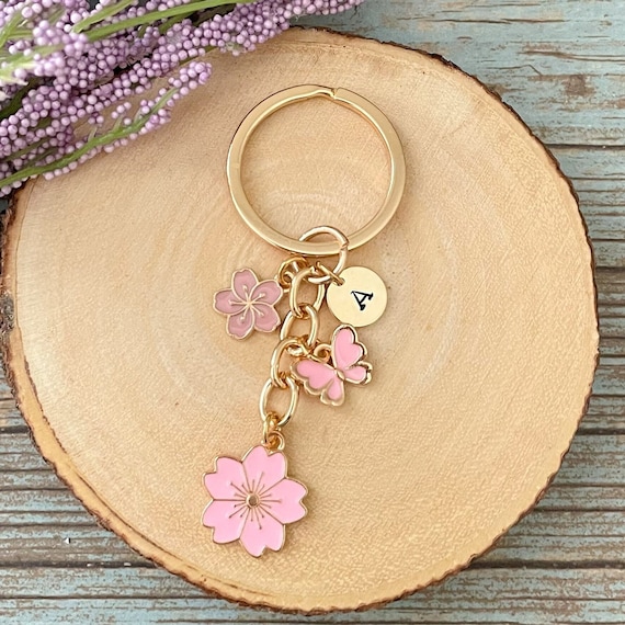 Cherry Blossom Sakura Butterfly Enamel Gold Keychain Charm, Cherry