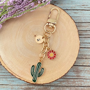 Personalized Initial Cactus Keychain, Flower Cactus Enamel Keychain, Hand Stamped Initial Keychain, Purse Backpack Keychain Gift Idea