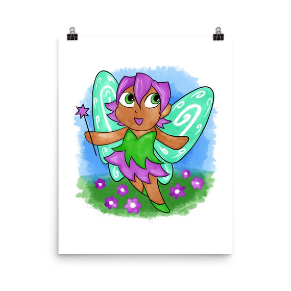 Cute Fairy Poster Print Pen &amp; Watercolor Cartoon Painting - Etsy