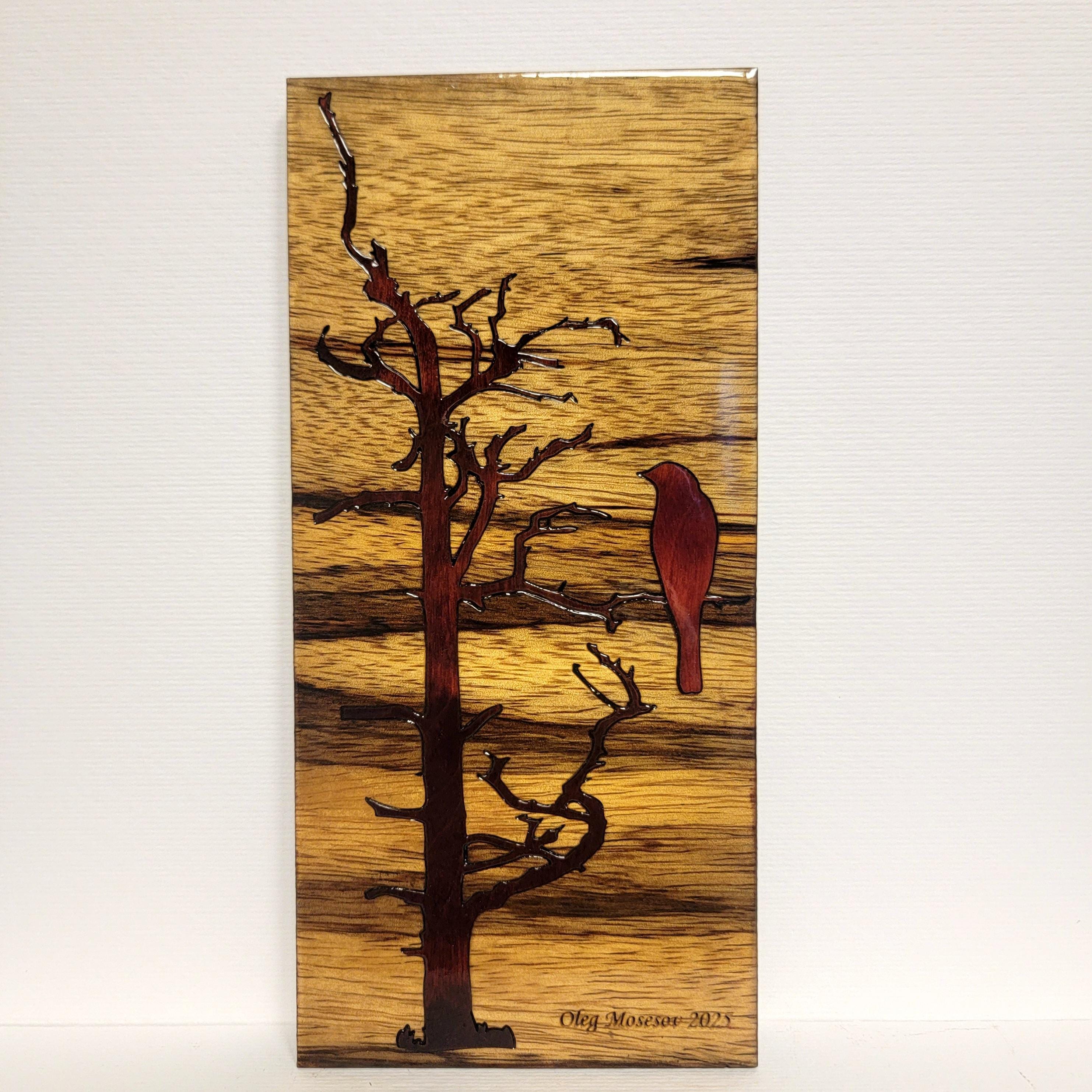 Handmade Limba Wood Inlay Wall Art: Tree and Bird Design