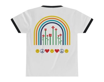 Unisex Ringer Tee - VSCO, peace, love, smiley face, Tumblr, trendy, rainbow, retro t-shirt, gift for her, be happy today