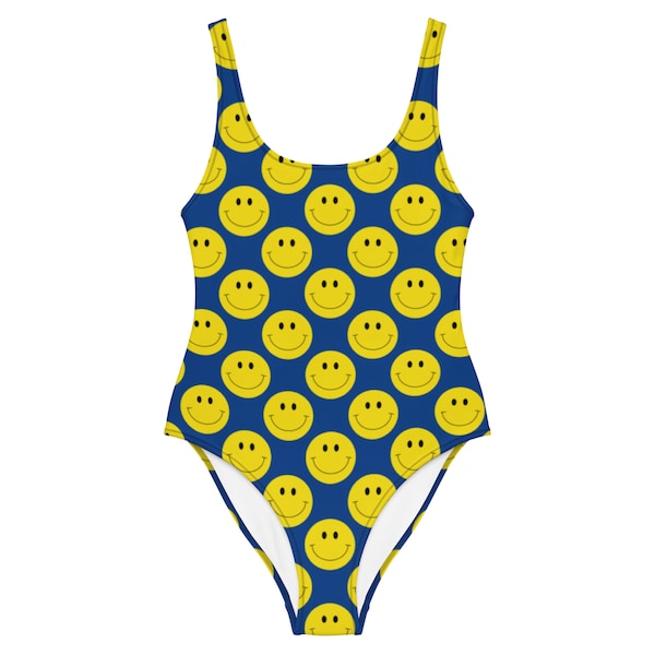 Blue and Yellow Smiley One-Piece, Swimsuit, bathing suit, beach, summer, pool