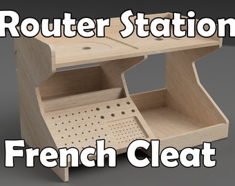 May include: A wooden router station with a French cleat system. The station has a top shelf with two cutouts, a lower shelf with a small drawer and a pegboard, and a large open storage area.