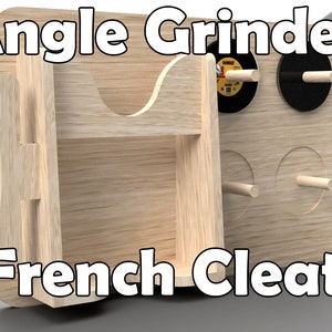 Op de afbeelding: Een houten wandbevestiging voor een slijpmachine. De houder heeft een plank om de slijpmachine op te bergen en pennen om slijpschijven vast te houden. De houder is gelabeld met "Angle Grinder French Cleat".
