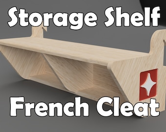 May include: A light-colored wooden storage shelf with a French cleat design. The shelf has a curved front and angled dividers. The text "Storage Shelf" and "French Cleat" are displayed on the image. A red square with a white star is on the side.