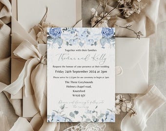 Dusty Blue Wedding Invitation: Personalised Day or Evening Reception Invite