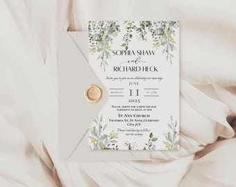 Eucalyptus waterfall Wedding Invitation: Botanical Greenery Invite with RSVP