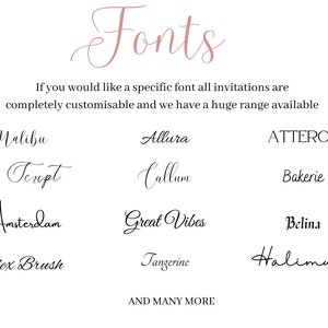 K&ouml;nnte beinhalten: Wei&szlig;er Hintergrund mit dem Wort "Fonts" in kursiver, rosa Schrift. Darunter wird eine Liste von Schriftarten angezeigt, darunter "Malibu", "Allura" und "Atteron". Der Text besagt, dass alle Einladungen anpassbar sind.