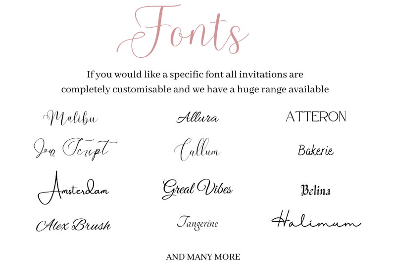K&ouml;nnte beinhalten: Wei&szlig;er Hintergrund mit dem Wort "Fonts" in kursiver, rosa Schrift. Darunter wird eine Liste von Schriftarten angezeigt, darunter "Malibu", "Allura" und "Atteron". Der Text besagt, dass alle Einladungen anpassbar sind.