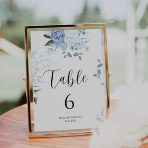 Dusty Blue Floral Wedding Table Numbers: Personalised Reception Decor