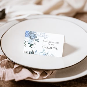 Dusky Blue Wedding Place Cards: Floral Table Place Names