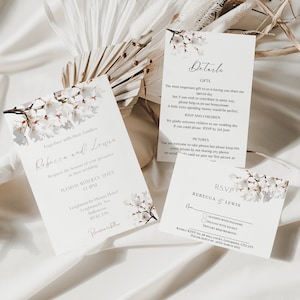 White Cherry blossom Wedding Day invitations, Cherry blossom Evening invitation, blossom wedding invitations
