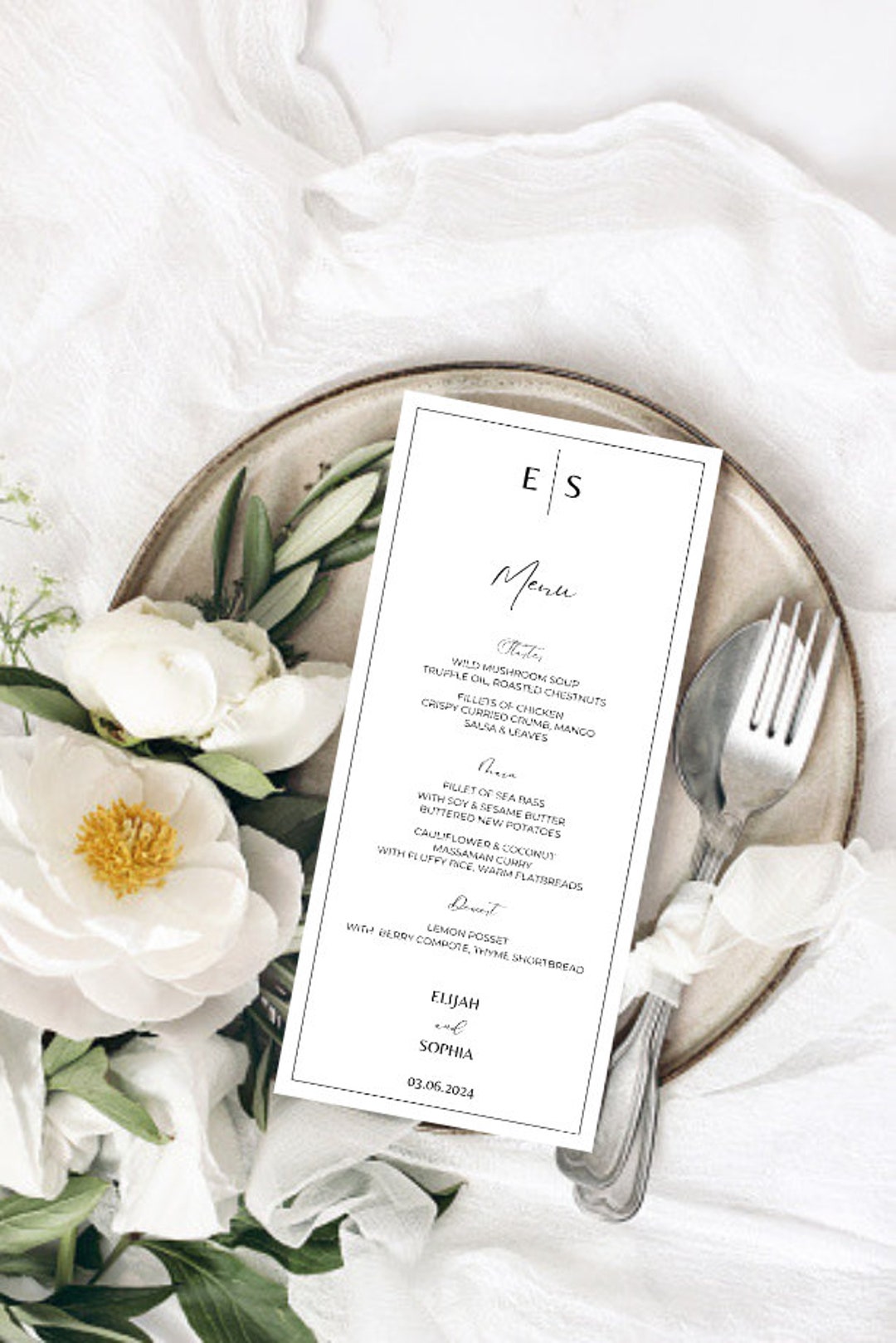 Minimalistic Wedding Menu Cards, Wedding Breakfast Menu Card, Wedding