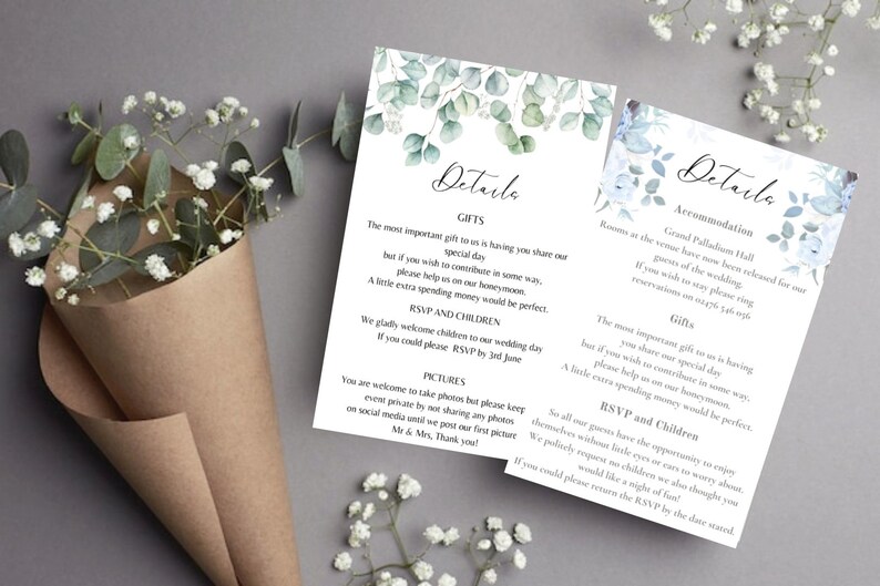 May include: Two white cards with green and blue floral designs. The cards have the word "Details" at the top and list information about gifts, accommodation, RSVP, and children. The text on the cards is in black.