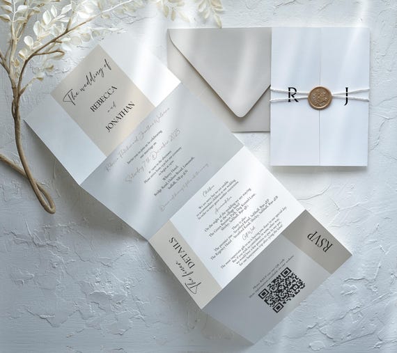 Champagne Taupe Wedding Invitation: Luxury Trifold Concertina Design