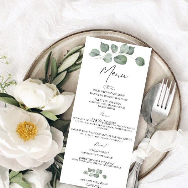 Eucalyptus Wedding Menu cards | Wedding breakfast menu card | Botanical Wedding  menus  | sage green  Wedding menus