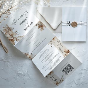 All in one beige Wedding Invitation: Luxury Champagne flower Trifold Concertina Design