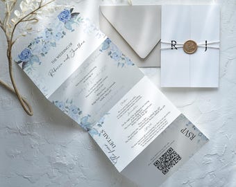 Dusky Blue Floral Wedding Invitation: Trifold Concertina Design folded invite all in one