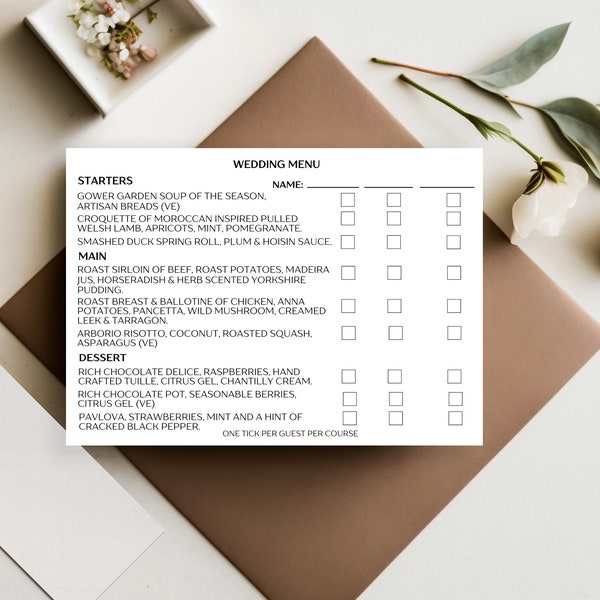 Wedding guest menu choice cards, guest menu choices, menu tick list for wedding guests