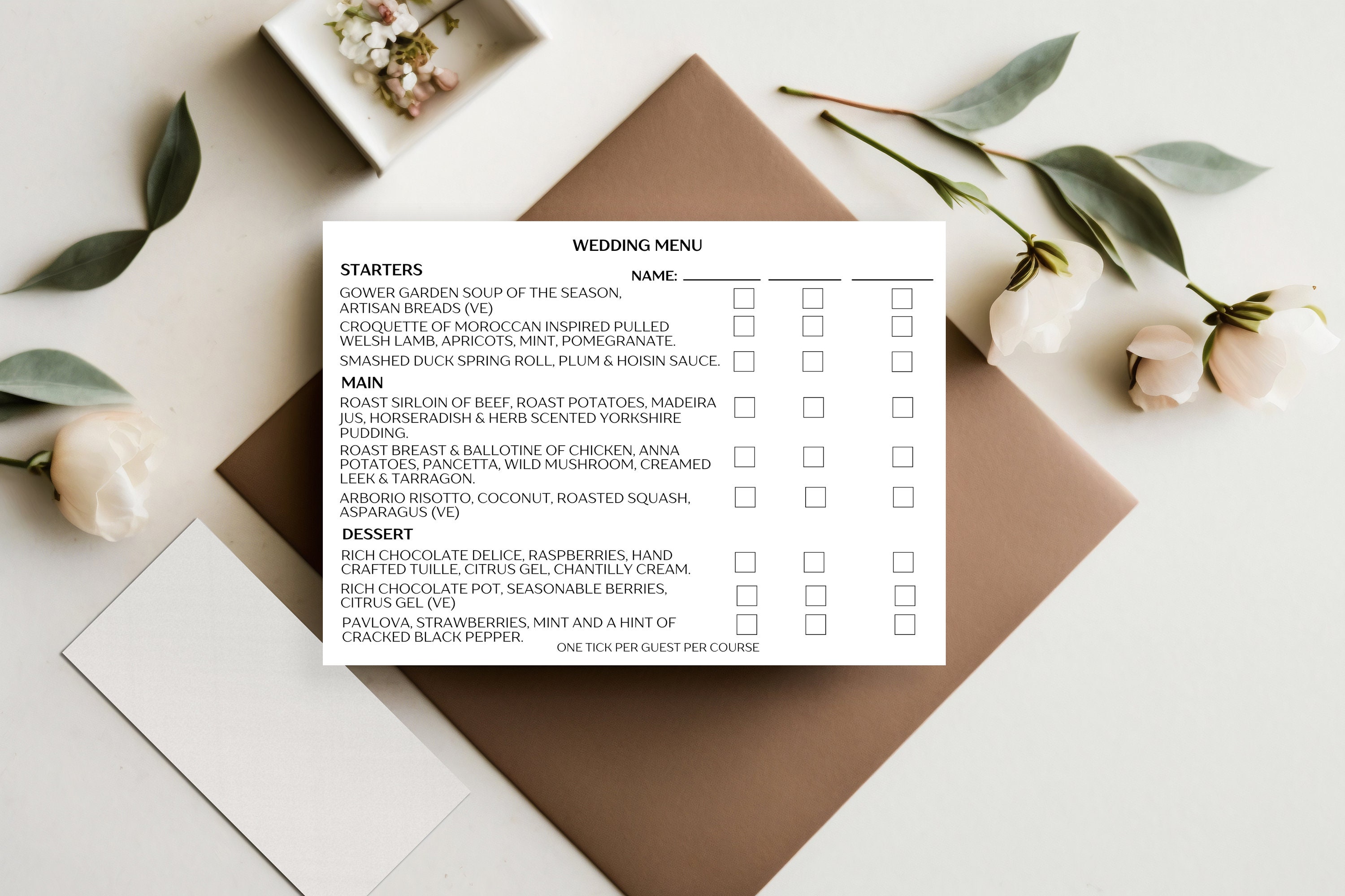 Wedding guest menu choice cards, guest menu choices, menu tick list for wedding guests
