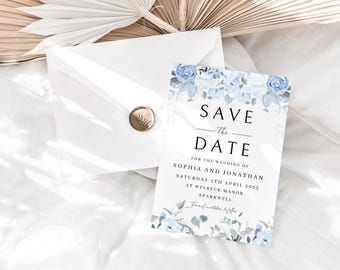 Dusty Blue Floral Save The Date Cards: A6 Wedding Invitation